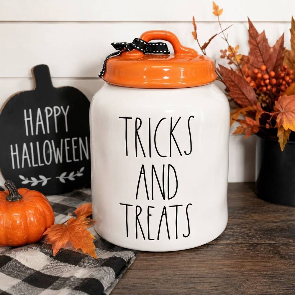 Rae Dunn TRICKS AND TREATS Halloween Canister Orange Lid Ceramic Cookie Treat Ja